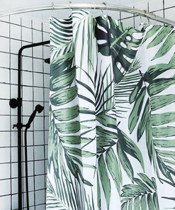 Clean Green Shower Curtain with Tropical Leaves Design for Bathroom Decor