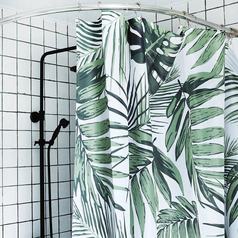 Clean Green Shower Curtain with Tropical Leaves Design for Bathroom Decor