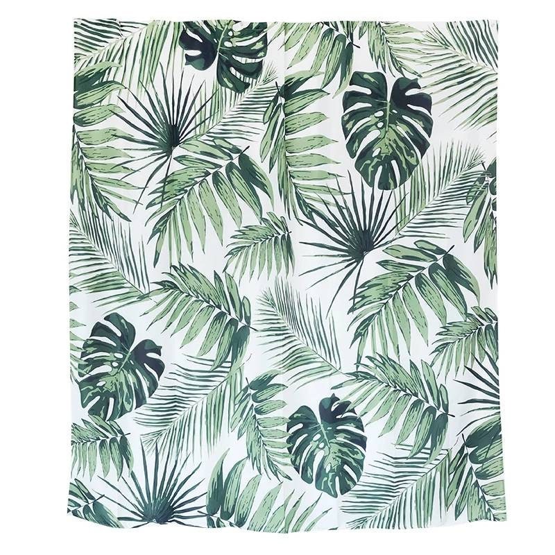 Clean Green Shower Curtain with Tropical Leaves Design for Bathroom Decor