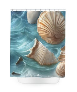 Clear Blue Water With Seashell Print And Beach Theme Shower Curtain For Coastal Bathroom Decor