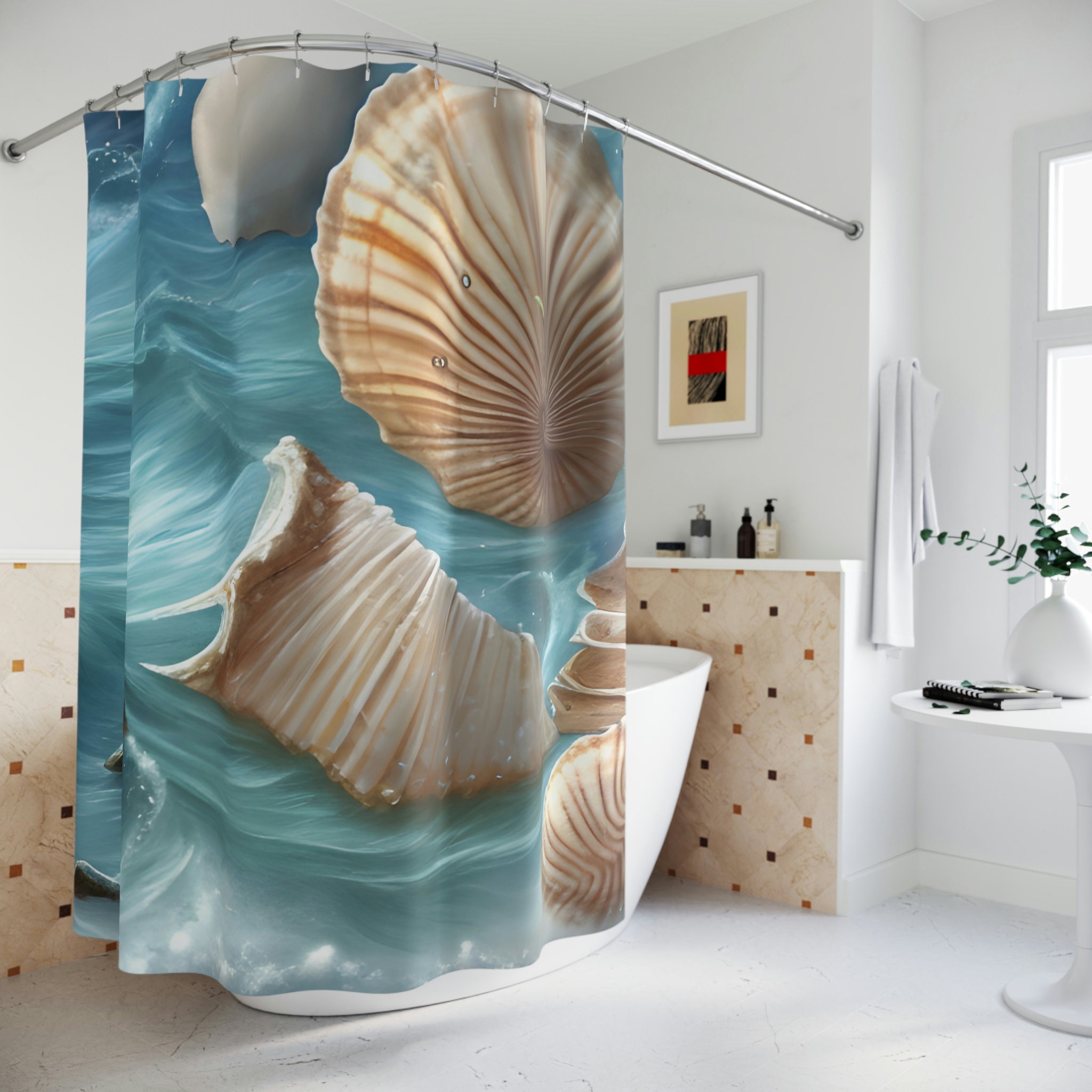 Clear Blue Water With Seashell Print And Beach Theme Shower Curtain For Coastal Bathroom Decor - Image 2