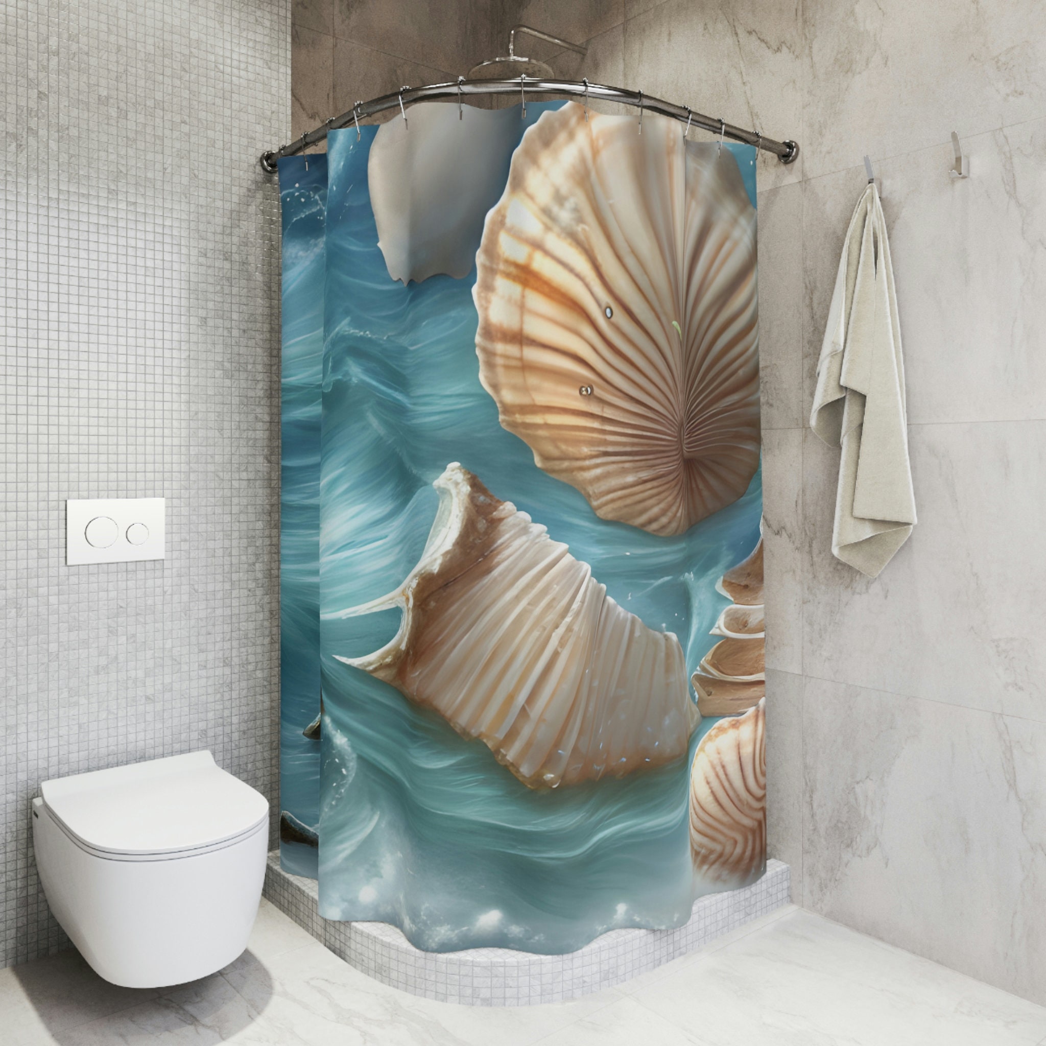 Clear Blue Water With Seashell Print And Beach Theme Shower Curtain For Coastal Bathroom Decor - Image 3
