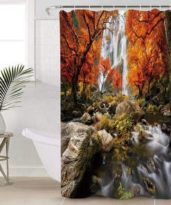 Clear Waterfall Birch Forest Scenic Shower Curtain for Bathroom Decor