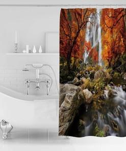 Clear Waterfall Birch Forest Scenic Shower Curtain for Bathroom Decor