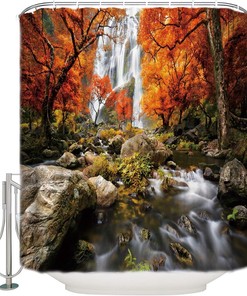 Clear Waterfall Birch Forest Scenic Shower Curtain for Bathroom Decor