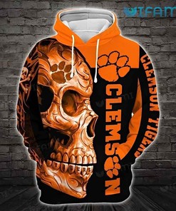 Clemson Tigers Half Skull Face 3D Hoodie With Clemson Logo