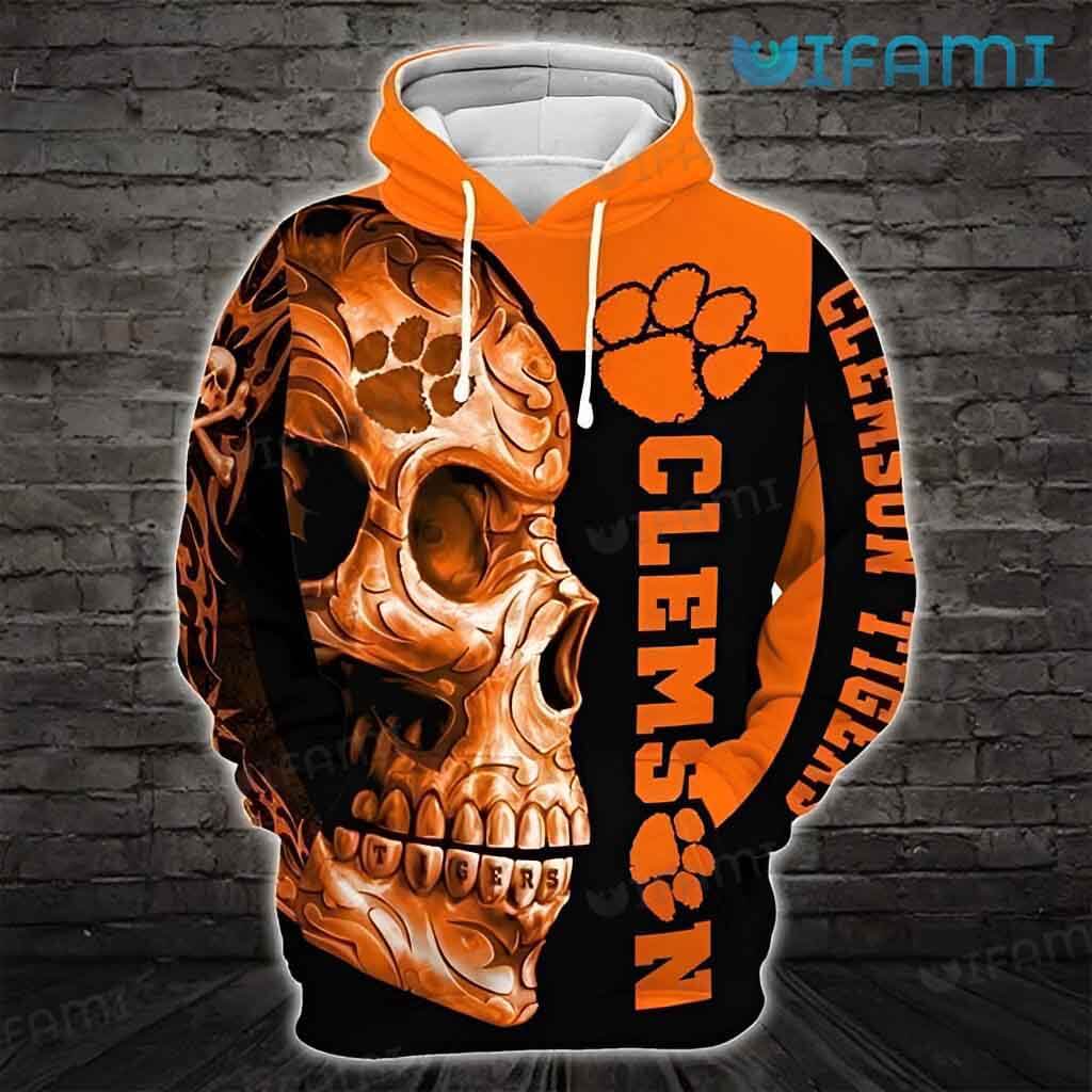 Clemson Tigers Half Skull Face 3D Hoodie With Clemson Logo