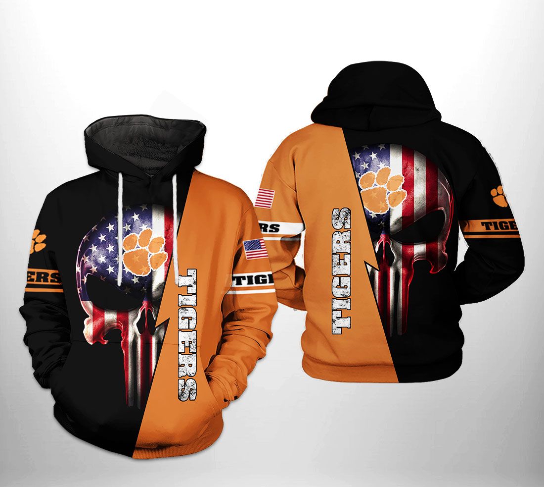 Clemson Tigers Ncaa Us Flag Skull 3D Hoodie - Zip-Up Hoodie
