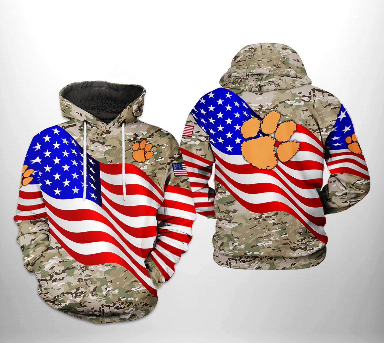 Clemson Tigers Us Flag Camo Veteran 3D Zip Hoodie - Ncaa Fans Gift