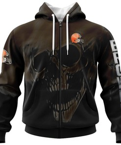 Cleveland Browns Custom Name & Number All Over Print Zip Hoodie 3D Skull Gifts For Fans