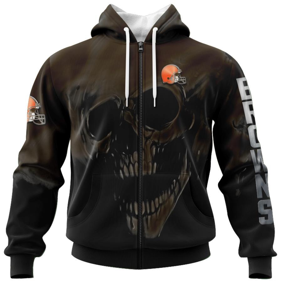Cleveland Browns Custom Name & Number All Over Print Zip Hoodie 3D Skull Gifts For Fans
