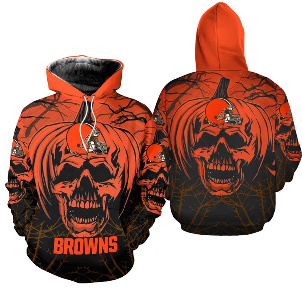 Cleveland Browns Halloween Pumpkin Skull Print All Over Print Zip Hoodie