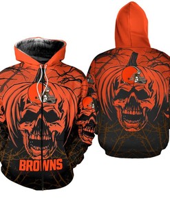 Cleveland Browns Halloween Pumpkin Skull Print All Over Print Zip Hoodie