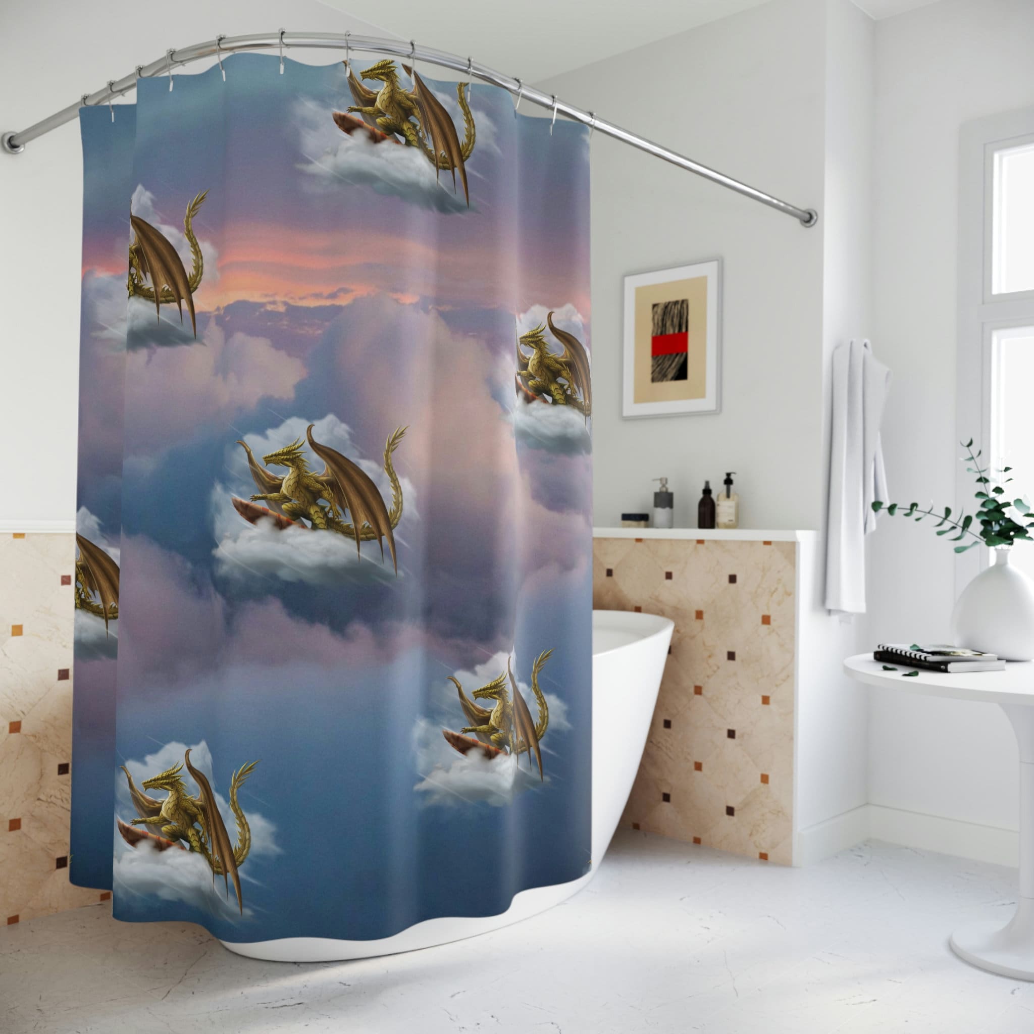 Cloud Surfing Dragon Shower Curtain - Fantasy Bathroom Decor