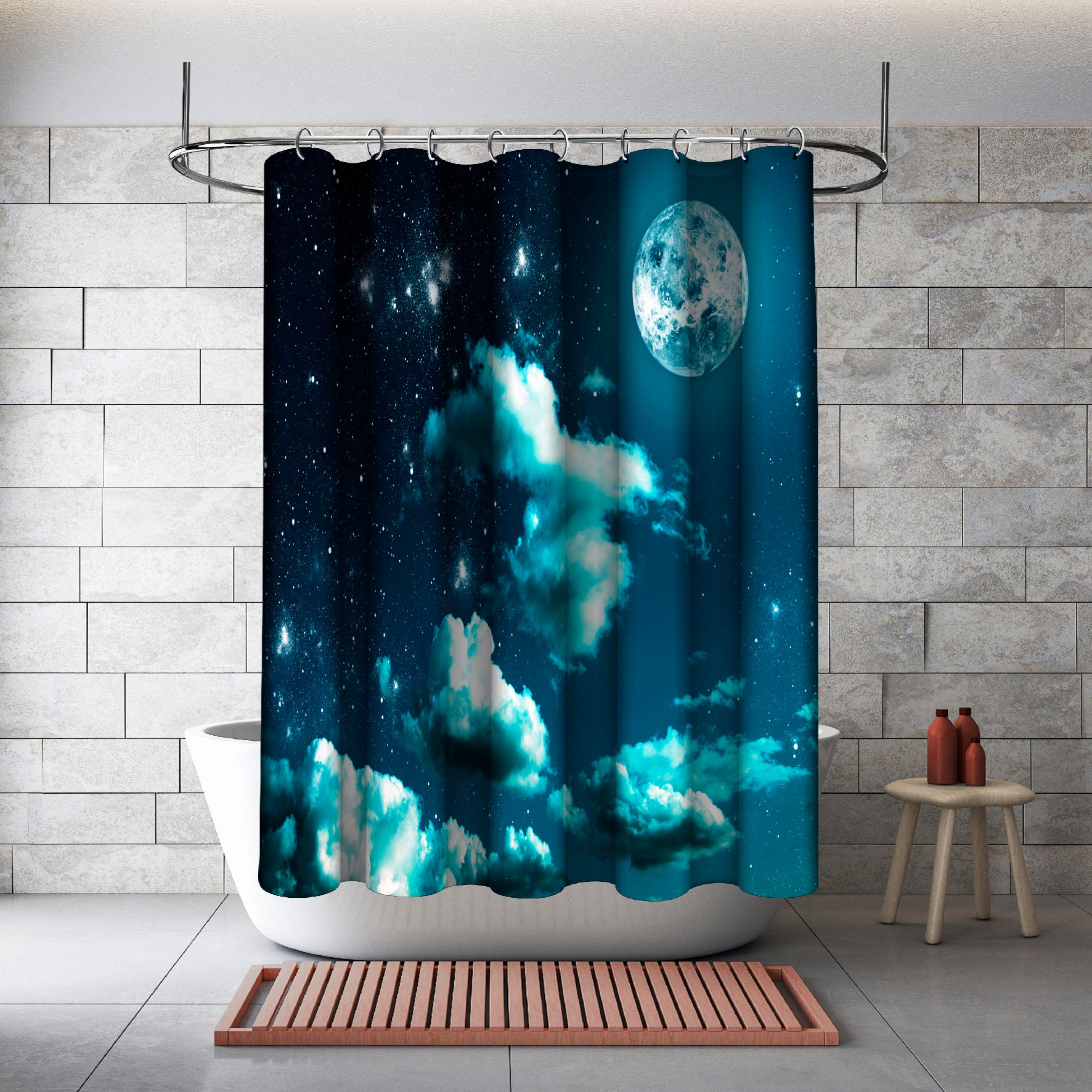 Cloudy Night Scenery Printed Shower Curtain for a Mystical Bathroom