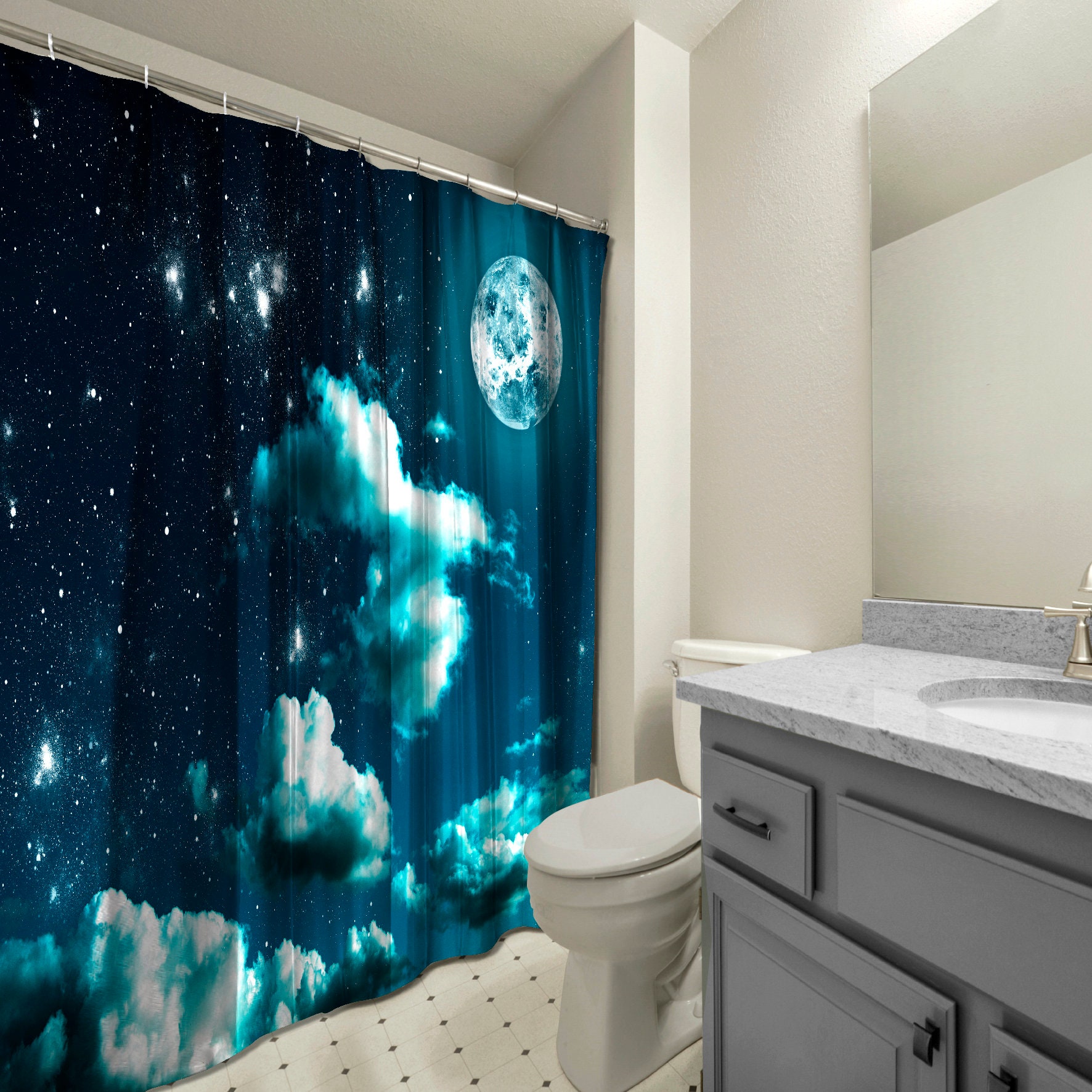 Cloudy Night Scenery Printed Shower Curtain for a Mystical Bathroom