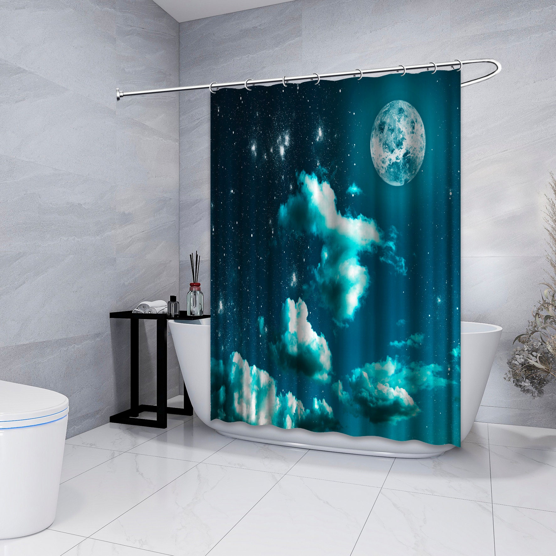 Cloudy Night Scenery Printed Shower Curtain for a Mystical Bathroom