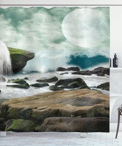 Cloudy Spring River And Lunar Glow Scene Print Polyester Shower Curtain