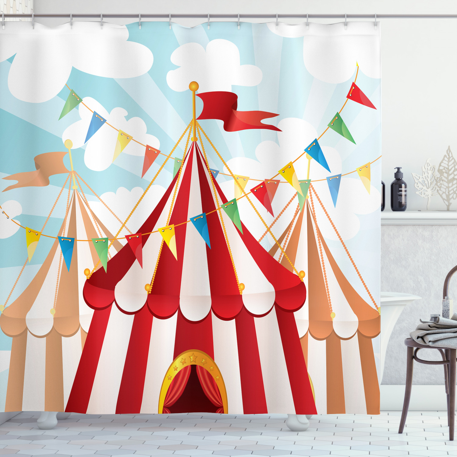 Cloudy Sun Sky Circus Shower Curtain For A Dreamy Bathroom Decor