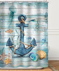 Coastal Anchor Shower Curtain - Beach Theme with Starfish, Seashell and Rustic Ocean Elements