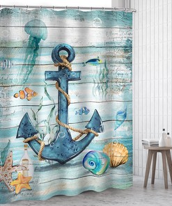 Coastal Anchor Shower Curtain - Beach Theme with Starfish, Seashell and Rustic Ocean Elements