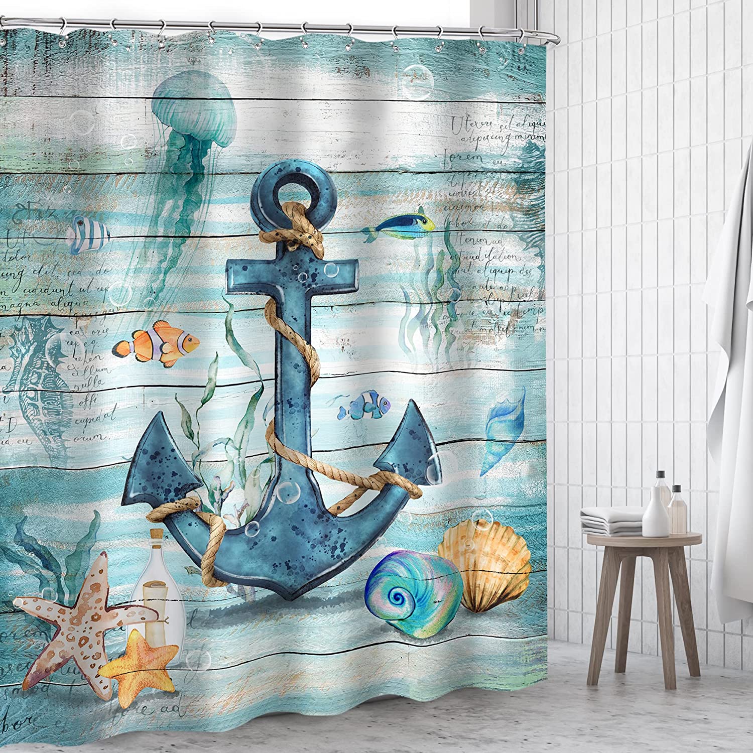 Coastal Anchor Shower Curtain - Beach Theme with Starfish, Seashell and Rustic Ocean Elements