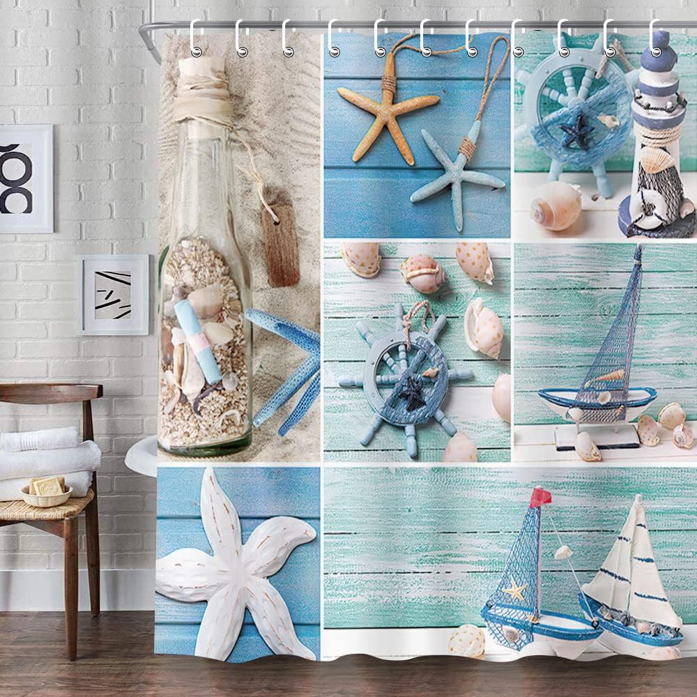 Coastal Anchor Starfish Seashell Bathroom Curtain for Your Blue Ocean Inspired Bathroom - Nautical and Cute Design