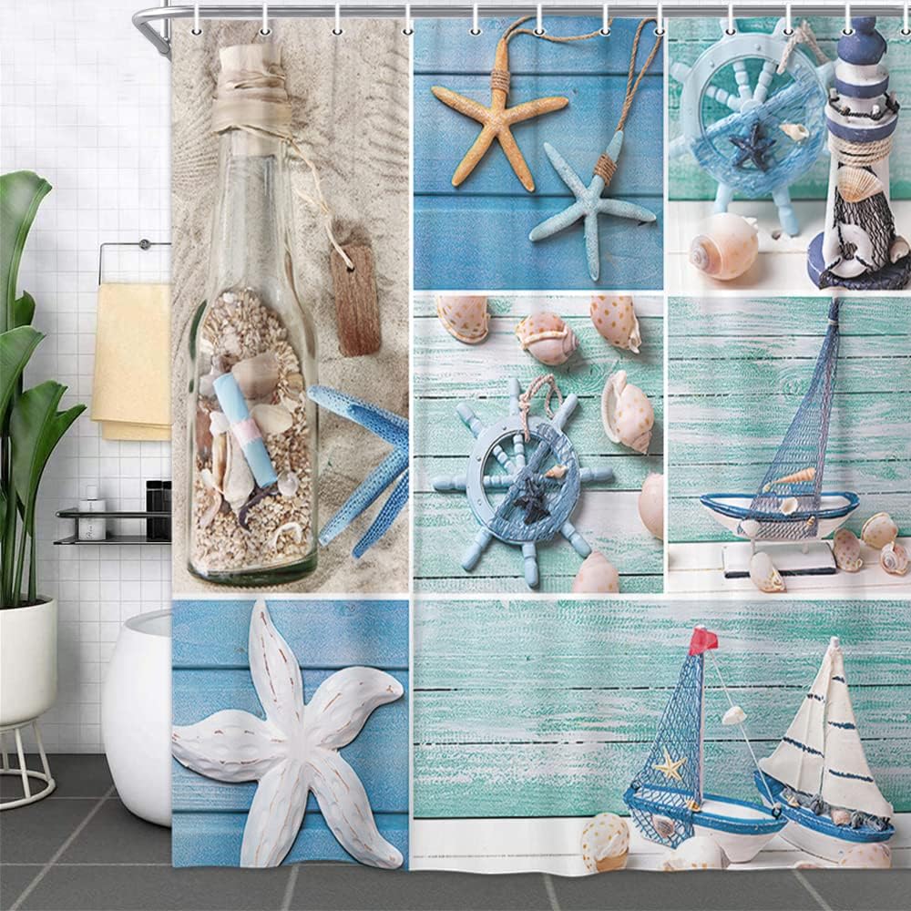 Coastal Anchor Starfish Seashell Bathroom Curtain for Your Blue Ocean Inspired Bathroom - Nautical and Cute Design