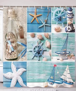 Coastal Anchor Starfish Seashell Bathroom Curtain for Your Blue Ocean Inspired Bathroom - Nautical and Cute Design