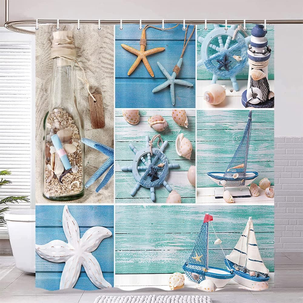 Coastal Anchor Starfish Seashell Bathroom Curtain for Your Blue Ocean Inspired Bathroom - Nautical and Cute Design