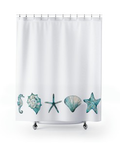 Coastal Bathroom Decor With Beachy Sea Shell And Ocean Print Shower Curtain