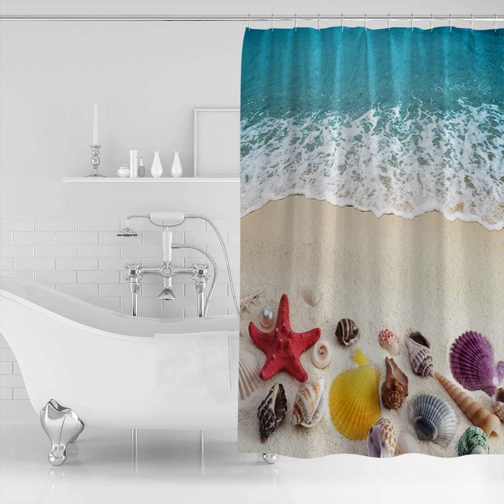 Coastal Beach Seashell Nautical Teal Shower Curtain, Bathroom Decor