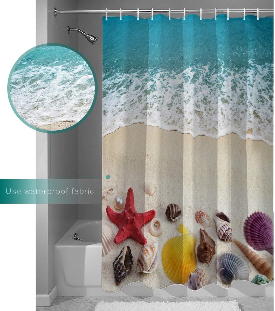 Coastal Beach Seashell Nautical Teal Shower Curtain, Bathroom Decor