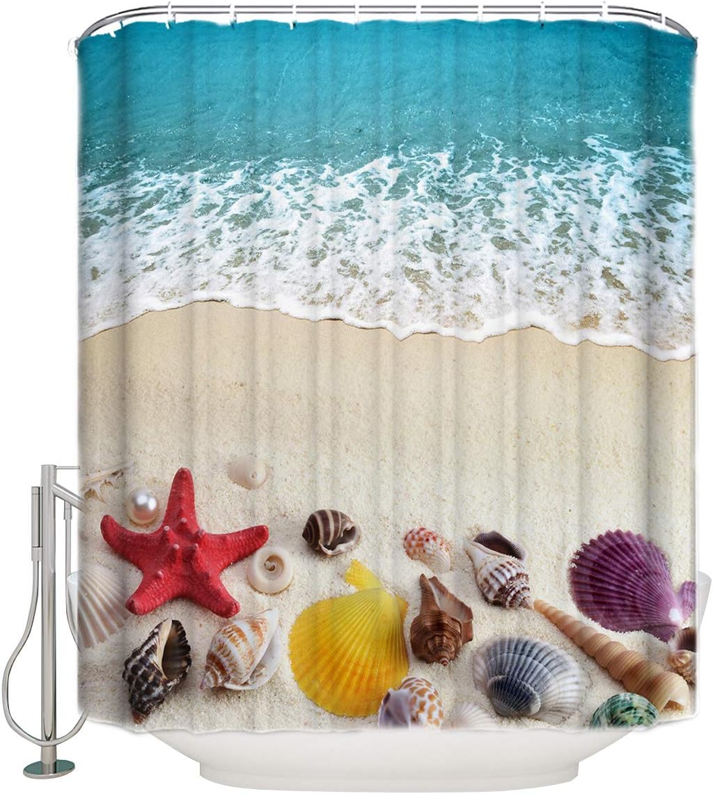 Coastal Beach Seashell Nautical Teal Shower Curtain, Bathroom Decor