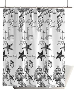 Coastal Beach Shower Curtain - Underwater World Nautical Sea Shells and Starfish Print Design