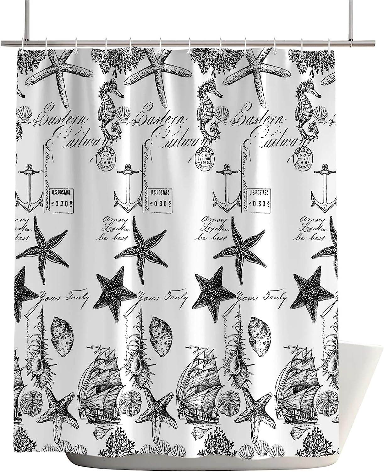 Coastal Beach Shower Curtain - Underwater World Nautical Sea Shells and Starfish Print Design