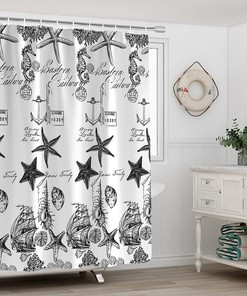 Coastal Beach Shower Curtain - Underwater World Nautical Sea Shells and Starfish Print Design
