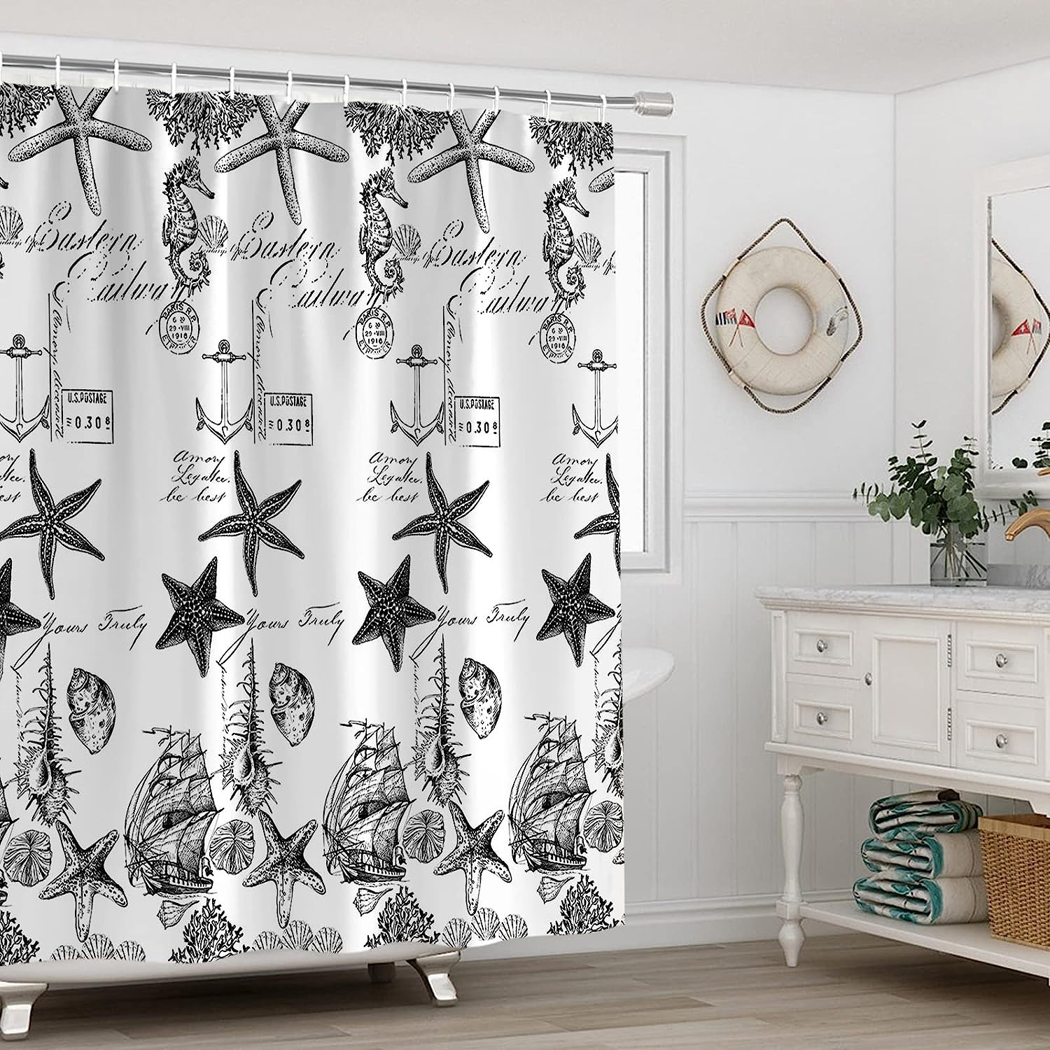 Coastal Beach Shower Curtain - Underwater World Nautical Sea Shells and Starfish Print Design