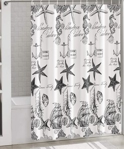 Coastal Beach Shower Curtain - Underwater World Nautical Sea Shells and Starfish Print Design