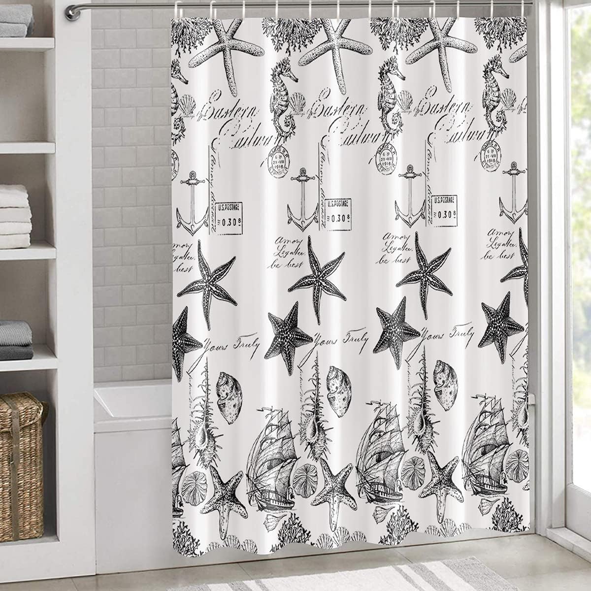 Coastal Beach Shower Curtain - Underwater World Nautical Sea Shells and Starfish Print Design