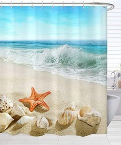 Coastal Beach Shower Curtain With Ocean Seashell And Starfish Design, Bathroom Decor
