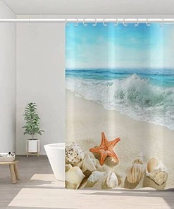 Coastal Beach Shower Curtain With Ocean Seashell And Starfish Design, Bathroom Decor