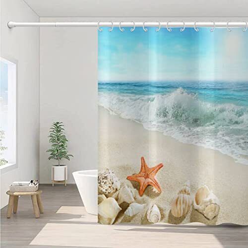 Coastal Beach Shower Curtain With Ocean Seashell And Starfish Design, Bathroom Decor