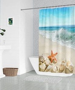 Coastal Beach Shower Curtain With Ocean Seashell And Starfish Design, Bathroom Decor