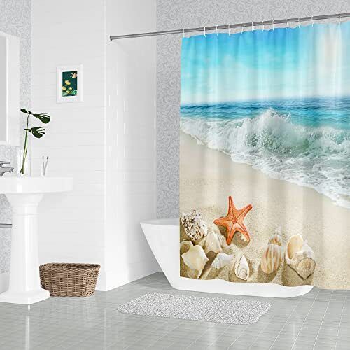 Coastal Beach Shower Curtain With Ocean Seashell And Starfish Design, Bathroom Decor