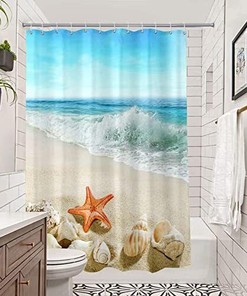 Coastal Beach Shower Curtain With Ocean Seashell And Starfish Design, Bathroom Decor