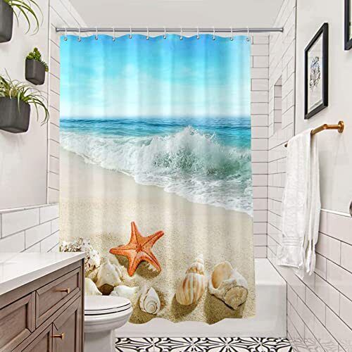Coastal Beach Shower Curtain With Ocean Seashell And Starfish Design, Bathroom Decor