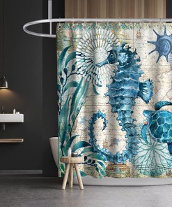 Coastal Beach Theme Blue Sea Turtle and Seahorse Fabric Shower Curtain