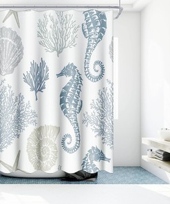 Coastal Beach Theme Shower Curtain With Seahorse, Coral, And Seashell Design For Nautical Bathroom Decor