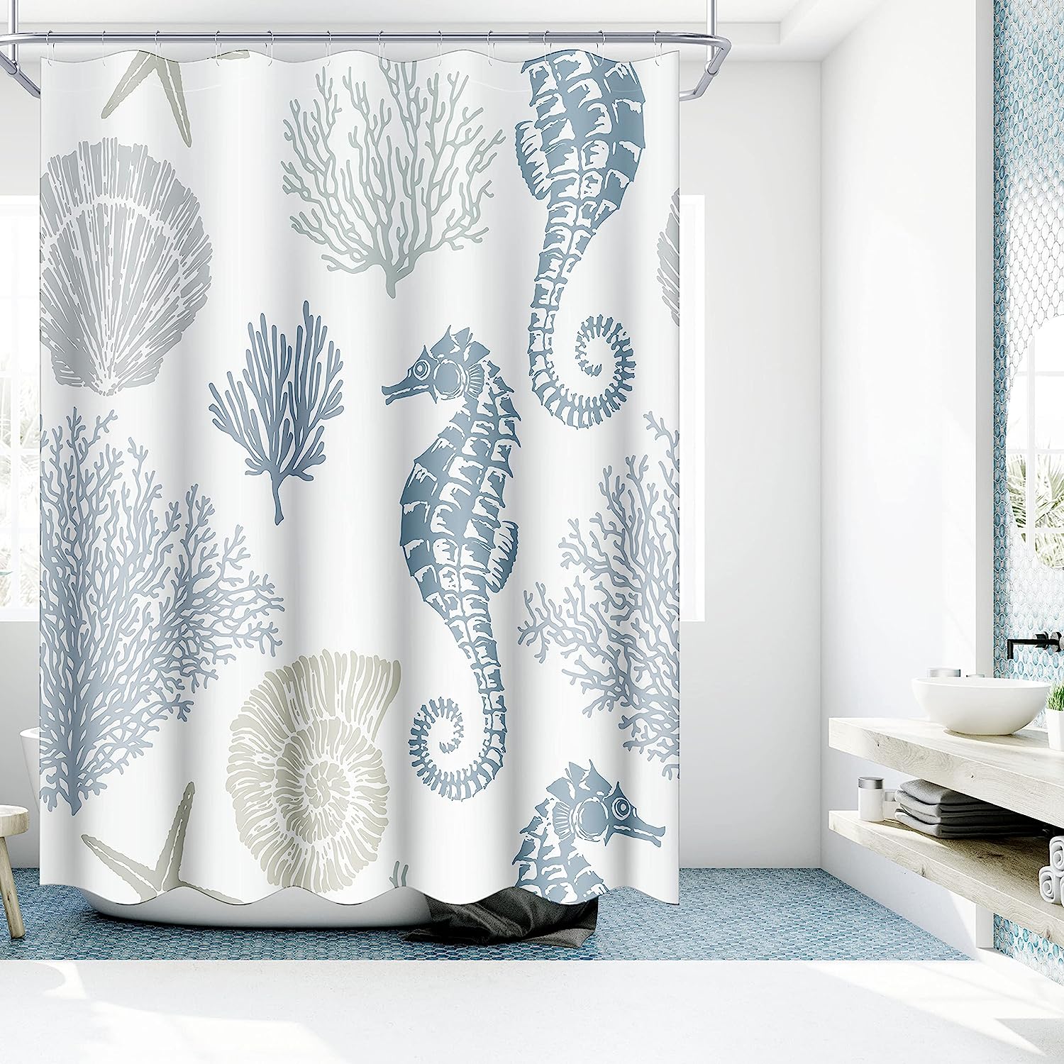 Coastal Beach Theme Shower Curtain With Seahorse, Coral, And Seashell Design For Nautical Bathroom Decor